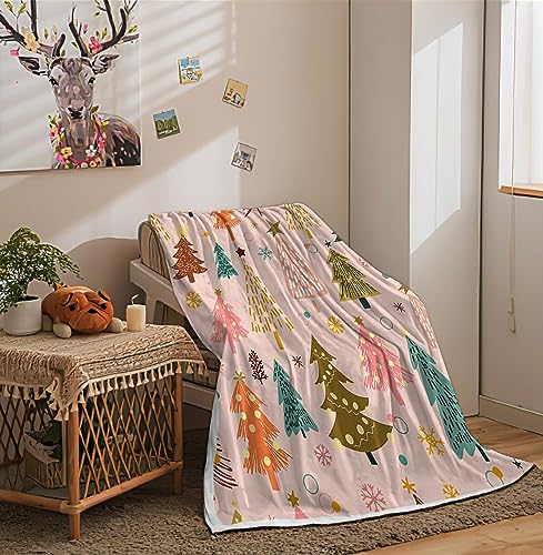 Kids Christmas Fleece Throw Blanket - Pink Cartoon Tree Holiday 50x60in - Multi3