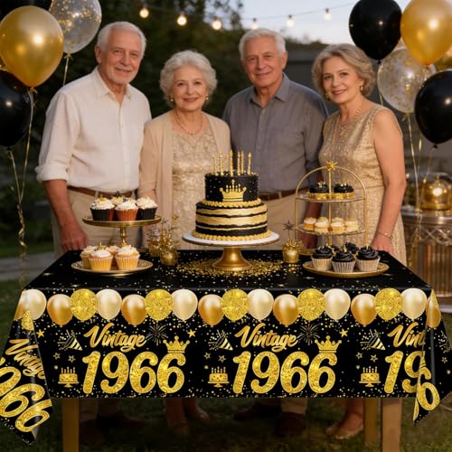 60th Birthday Tablecloth 2-Pack, Black and Gold Disposable Party Table Cover