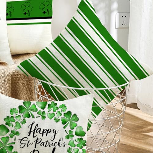 St Patrick's Day Pillow Covers Pack of 4 - Green Heart & Stripes 18x18