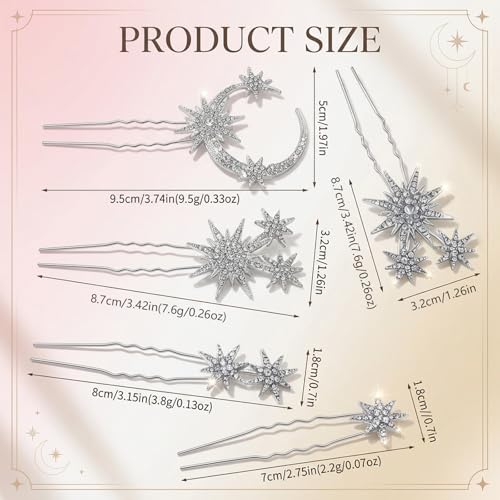 Star and Moon Rhinestone Hair Pins Set - 5 Pcs Silver Bridal Hair Jewelry