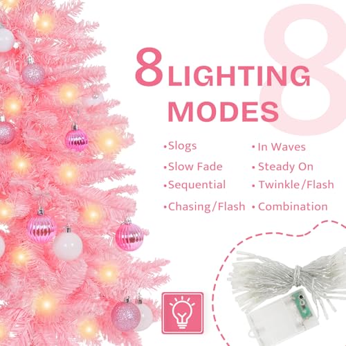 Pink 3ft Artificial Christmas Tree with Lights, Ornaments & 8 Lighting Modes