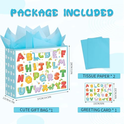 Large Baby Boy Dinosaur Gift Bag with Tissue Paper and Greeting Card