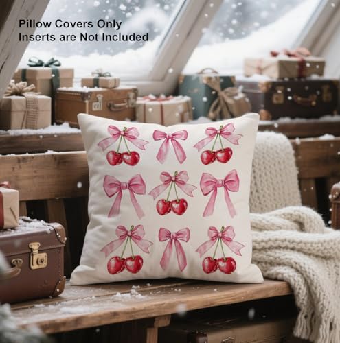 Pink Bow Tie Cherry Pillow Cover - 18x18 Inch Preppy Cushion Case