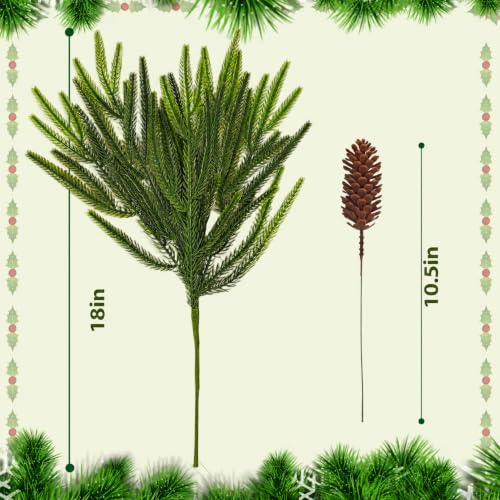 Artificial Norfolk Pine Branches with Pinecones - 16 Pcs, 18 Inch Greenery for Holiday Decor, DIY Garland, Vase Filler (Variation: 16Norfolk Pine+5Pinecone)