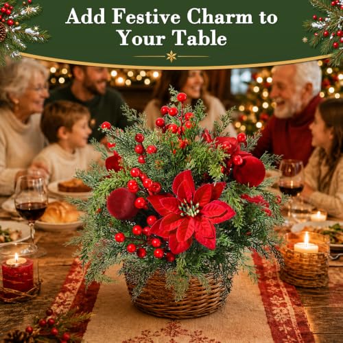Artificial Poinsettia Flowers with Velvet Balls for Christmas Decor - 2 Pack, Cedar & Velvet Ball Variation
