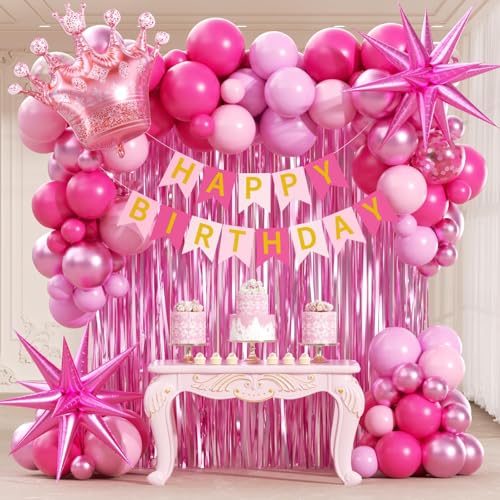 Hot Pink Birthday Decorations Set with Balloons, Banner and Fringe Curtain