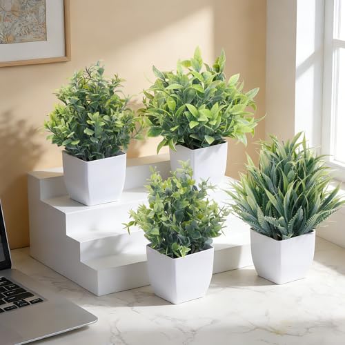 Mini Potted Artificial Plants - 4 Pack Faux Greenery for Home & Office