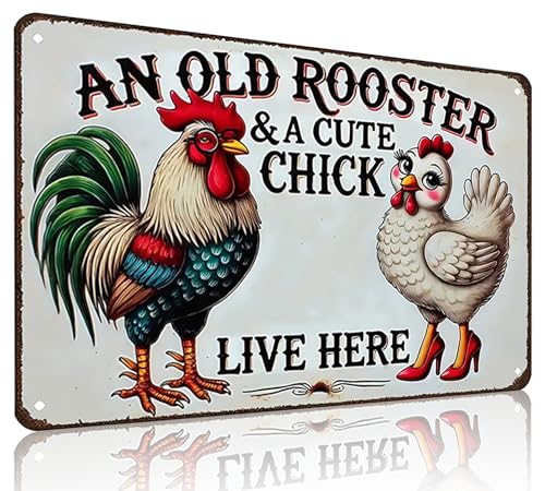 Funny Chicken Tin Sign - An Old Rooster & Chick - Light Blue 8x12 Inch