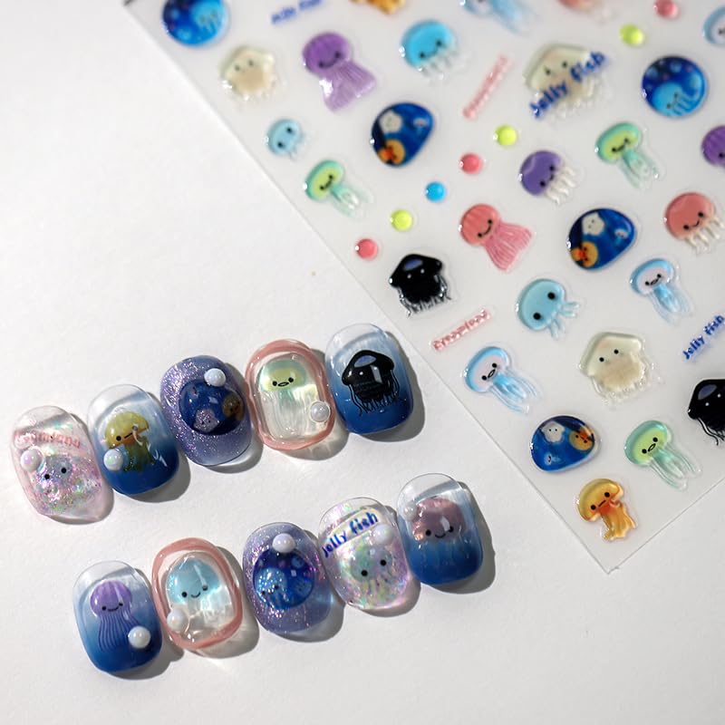 Jellyfish Nail Stickers Ocean Kawaii 3D Self-Adhesive Nail Decals DIY Art