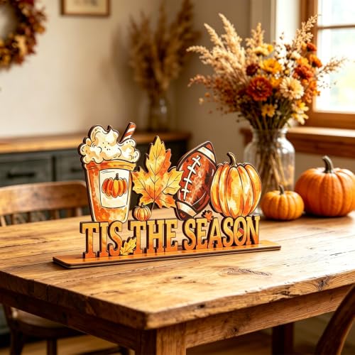 Autumn Football Decor Wooden Table Sign - Pumpkin & Maple Leaf