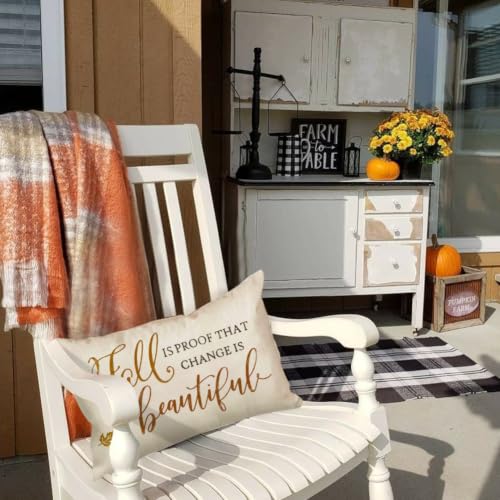 RABUSOFA Fall Pillow Cover 12x20 Inch, Beige Linen Autumn Farmhouse Decor