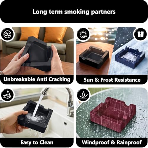 Roygra Silicone Cigar Ashtray Set - Windproof Outdoor 4-Holder Tray, Black, 2 Pack