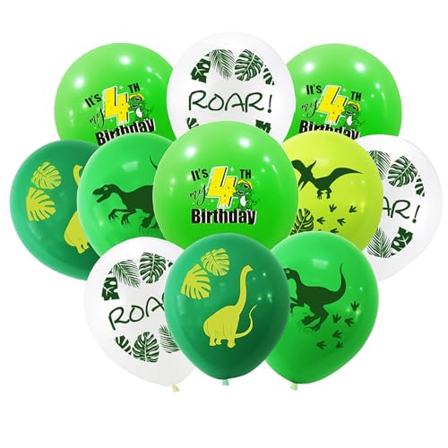Dinosaur 4th Birthday Balloons 10-Piece White and Green Latex Set