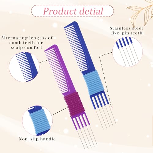 ZEYIYER 2PCS Metal Pick Comb Hair Lift Teasing Combs Blue and Purple