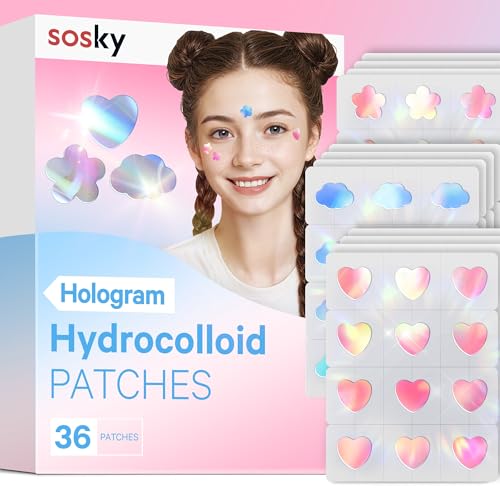 Sosky Holographic Pimple Patches - Cute Hydrocolloid Acne Stickers with Salicylic Acid, 36 Count