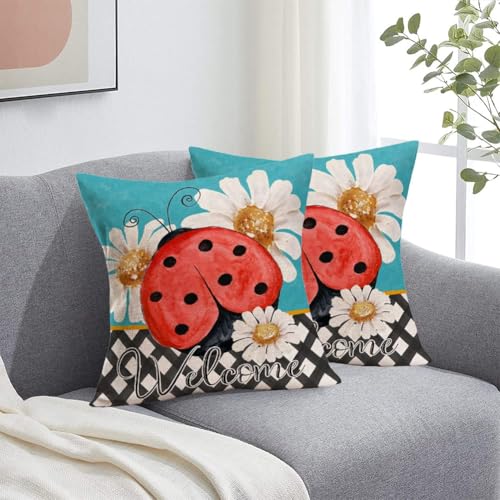 Ladybug Throw Pillow Cover 18 x 18 Inch Summer Daisy Cotton Linen Cushion Case