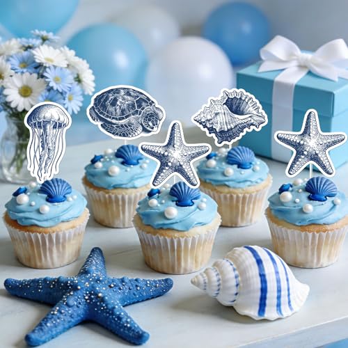 36PCS Ocean Animal Cupcake Toppers - Vintage Blue Whales & Starfish