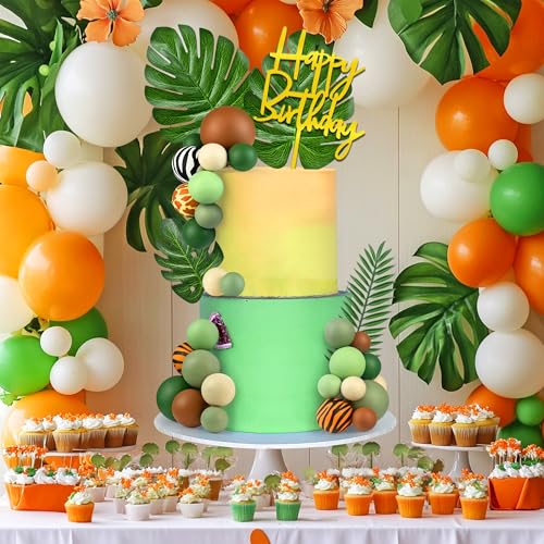 38pcs Jungle Safari Cake Topper Set with Leaves and Foam Balls for Wild Themed Birthday Decorations