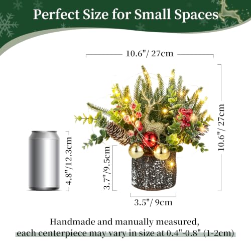 Christmas Centerpiece with Lights and Timer - Mini Tree with Reindeer, Pine Cones & Berries