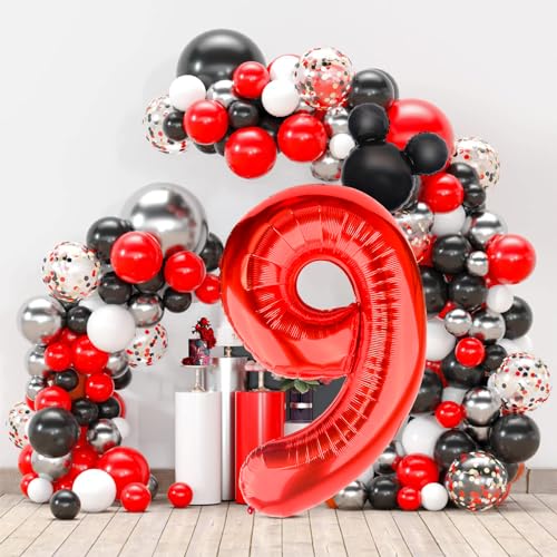 40 Inch Red Number 9 Balloon with Mini Mouse Head for Birthday Decor