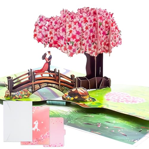 3D Cherry Blossom Bridge Pop-Up Card - Romantic Couple Anniversary & Valentine Greeting Card