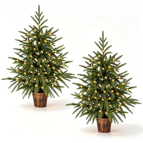 2-Pack 2ft Pre-Lit Artificial Norfolk Pine Christmas Tree Topiary - Green