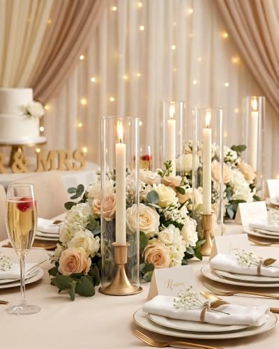 Set of 12 Gold Hurricane Candle Holders Windproof Glass Chimneys Table Centerpiece