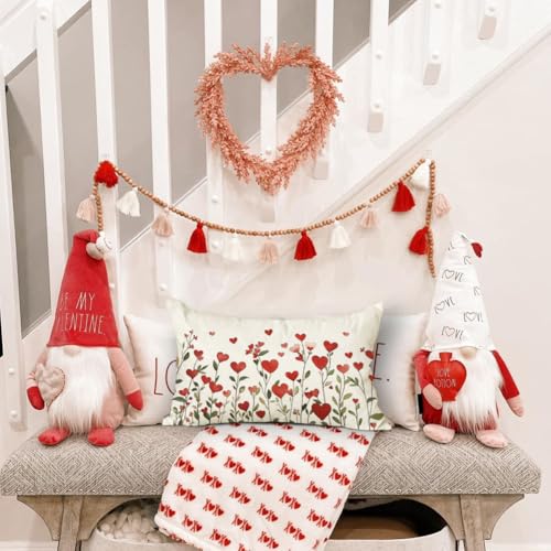 RABUSOFA Valentines Pillow Cover 12x20 Inch Waterproof Red Love Heart Floral Lumbar Throw Pillowcase for Indoor Outdoor Decor - Pack of 1