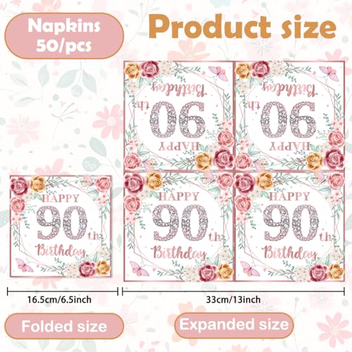 EUOYUFO 50Pcs Rose Gold Floral 90th Birthday Napkins for Women - 90th Birthday Party Supplies
