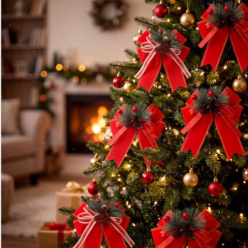 Christmas Red Velvet Bows with Pine Cones Pine Needles and Berries - 12 Pack