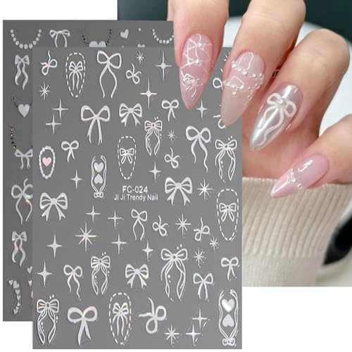 4 Sheets 3D Bow and Heart Nail Art Stickers, Self-Adhesive Y2K Nail Decals