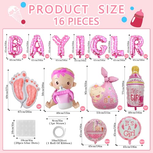 Pink Baby Girl Balloon Set - 16 Pcs Foil Balloons for Baby Shower