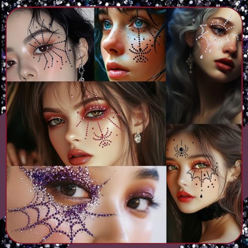 Spider Face Jewels Rhinestone Tattoos 6 Sheets Halloween Makeup Gems