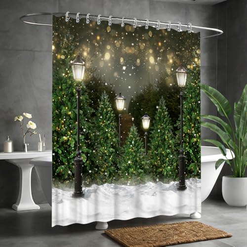 Winter Snowflake Pine Tree Shower Curtain Waterproof Fabric Bathroom Decor