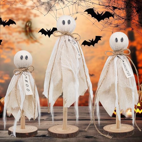 White Wooden Ghost Halloween Decorations - Set of 3 Rustic Shelf Sitters
