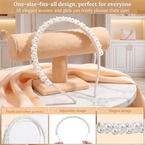 Josojoou Pearl Headband for Women White Non-Slip Wedding Hair Hoop