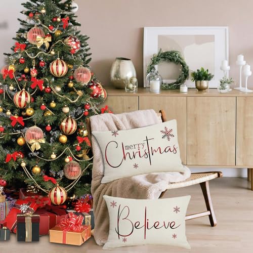 Merry Christmas Pillow Covers - Set of 2, 12x20 Inch Decorative Cushion Cases
