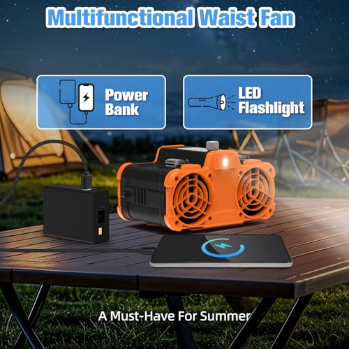 Koucen 12000mAh Portable Waist Fan with Flashlight & Power Bank