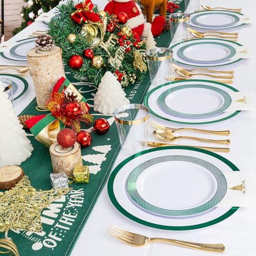 Ciaell 175PCS Christmas Plastic Party Plates Set - White & Green, Green Grid Variation