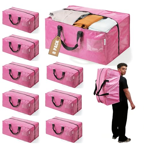 WORKPRO Extra Large Moving Bags with Backpack Straps, Pink, 8 Pack