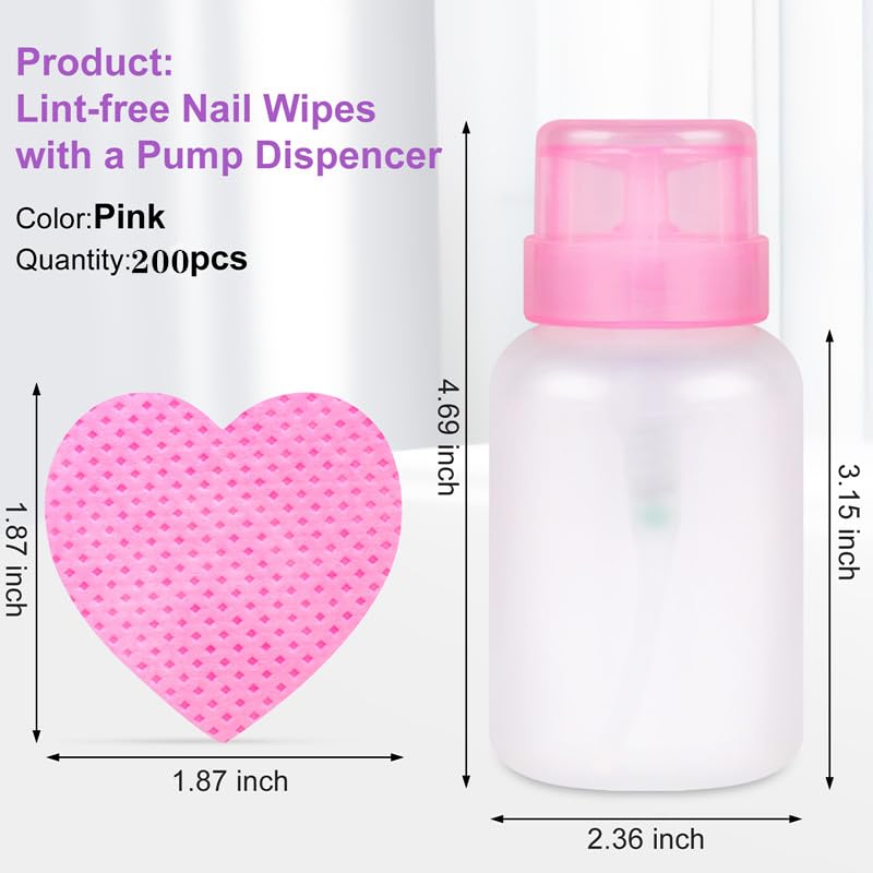 Lint Free Nail Wipes and Pump Dispenser Bottle Set (200 Pcs, Pink)