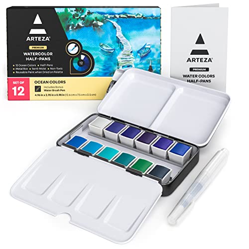 ARTEZA Watercolor Paint Set, 12 Ocean Tones Half Pans, Watercolor Set with Brush, Semi Moist Water Colors