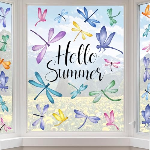JOICEE 6 Pack Watercolor Dragonfly Window Clings - Removable Summer Decor