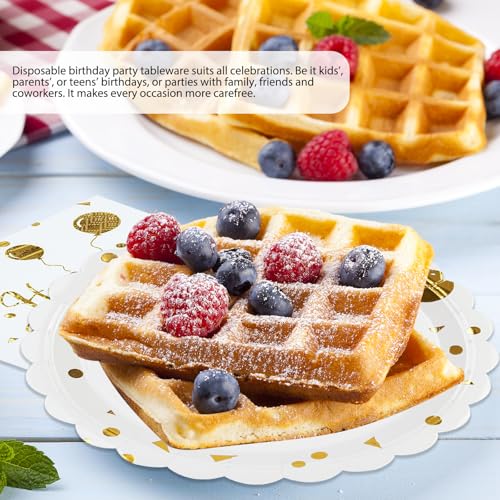 Happy Birthday Paper Plates and Napkins Set, White and Gold, 50PCS