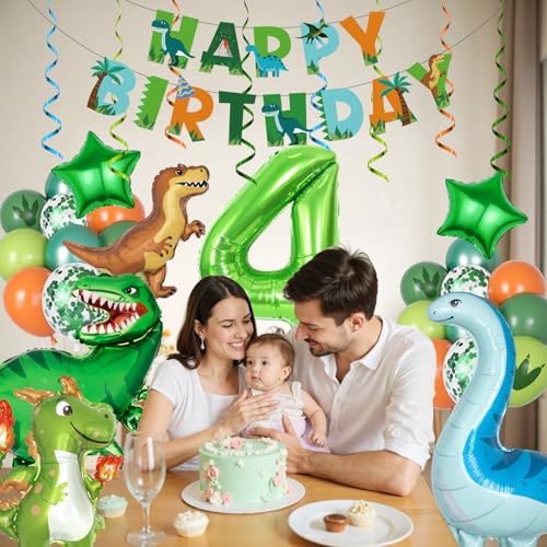 Dinosaur 4th Birthday Party Decorations Set with Balloons & Banner