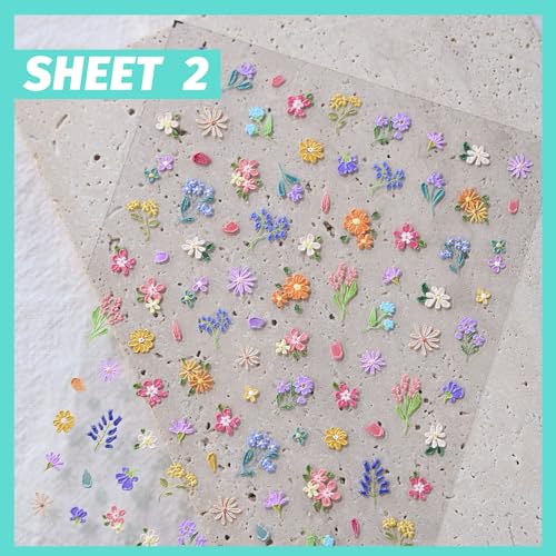 CESTSIREN Floral Nail Art Stickers, Colorful Spring Flower Decals 3 Sheets