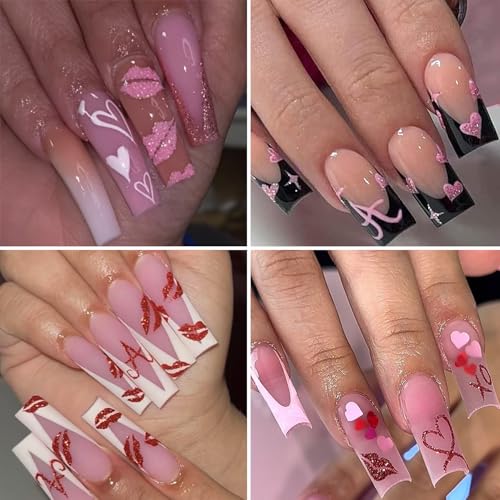 Valentine Glitter Nail Stickers Set - Red Pink Heart & Lips Decals 6 Sheets