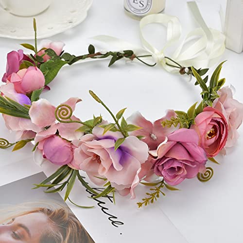 YnimioAOX Pinkish Purple Floral Crown Headband Adjustable Silk Flower Wreath