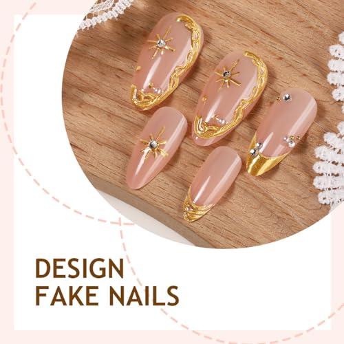 Press on Nails Medium Almond French Tip Gold Star False Acrylic Nails