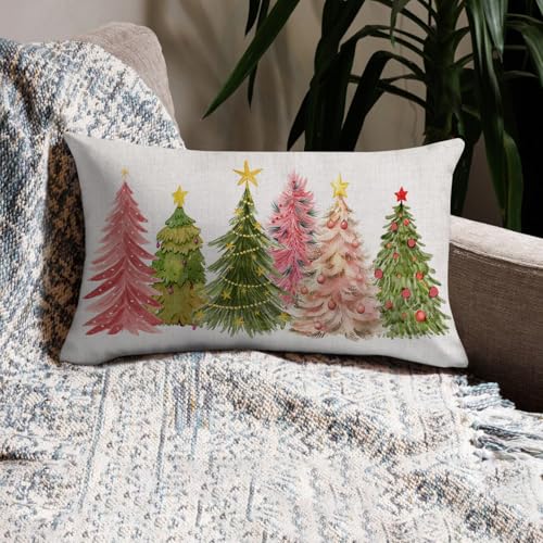 Pink Green Christmas Pillow Cover 12x20 Inch | Watercolor Tree Design